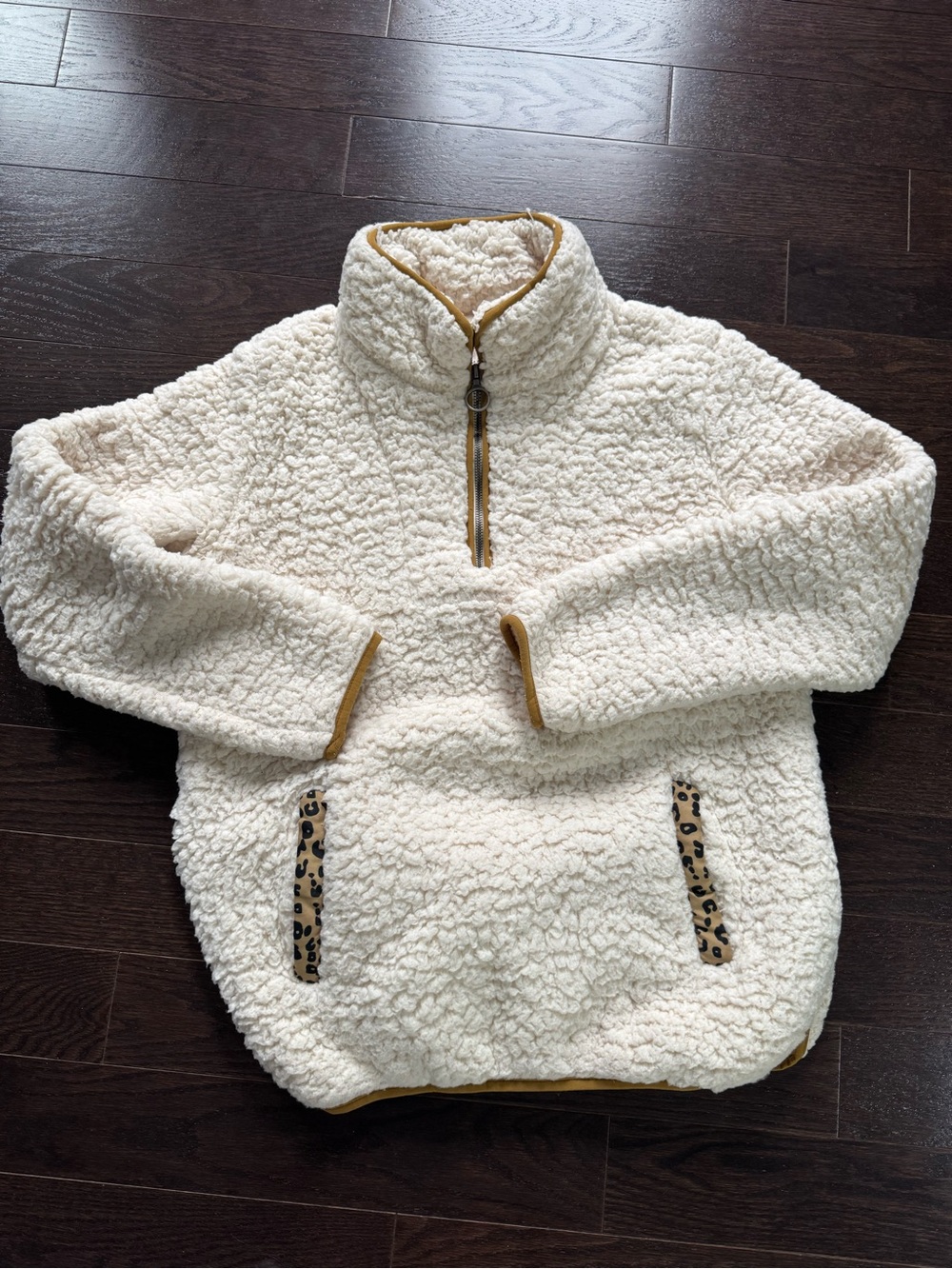Thread & Supply Cream Sherpa Pullover with Leopard Trim